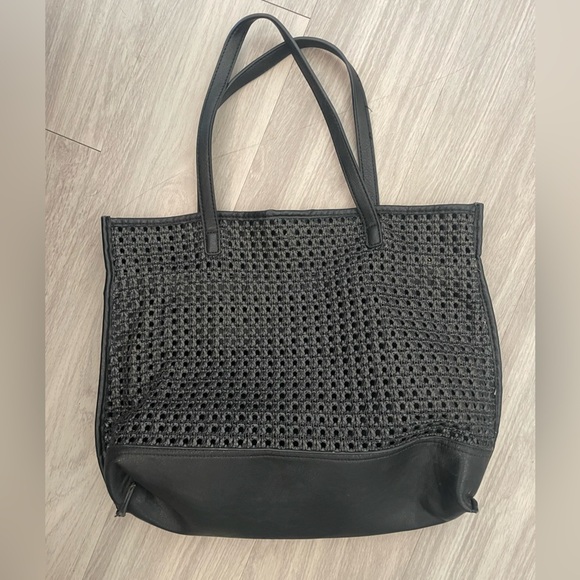Anthropologie black large mesh on one side faux leather shoulder tote bag - Picture 1 of 5